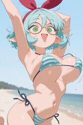 ai_generated big_boobs big_breasts big_tits bikini blue_hair blue_striped_bikini boobs breasts elf elf_ears elf_female elf_girl green_eyes indie_virtual_youtuber keisha_callie large_boobs large_breasts large_tits sexy striped_bikini tits titties vtuber
