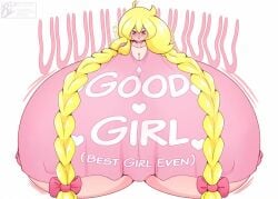 1girl 1girls blushing braid bust cassie_(theycallhimcake) embarrassed huge_breasts hyper_breasts pinup purpleguyri revealing_clothes riley_moore_(artist) super_breasts tagme twin_braids yellow_hair
