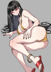ass bad_tag bare_arms bikini black_hair black_nails blue_archive blunt_bangs blush breasts closed_mouth commentary_request gold_bikini grey_background hair_ornament hairclip highres large_breasts legs long_hair looking_at_viewer rantia red_eyes red_sandals rio_(blue_archive) sandals simple_background swimsuit thighs toes very_long_hair