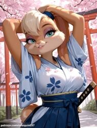 1girl ai_generated animal_ears animal_nose aqua_eyes arlequin097 arms_behind_head arms_up blonde_hair blue_hakama breasts cherry_blossoms day falling_petals furry furry_female hakama hakama_skirt hip_vent japanese_clothes katana kimono large_breasts lola_bunny looking_at_viewer looney_tunes makeup outdoors parted_lips petals rabbit_ears rabbit_girl rabbit_tail sheathed short_hair skirt smile solo sword tail torii tree warner_brothers weapon white_kimono