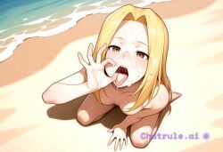 1girl ai_assisted ai_generated awaiting_cum beach blonde_hair brown_eyes cum_in_hair cum_on_face cum_on_hands fellatio_gesture full_body kneeling long_hair naked open_mouth oral_invitation tongue_out view_from_above