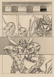 :>= almond arcee arcee_(prime) autobot bumblebee bumblebee_(transformers) fellatio female low_res male penis robot straight tongue transformers transformers_prime