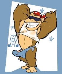1boy anthro ape arms_behind_head bandana blue_underwear boner brown_fur chest clothing donkey_kong_(series) erection feet funky_kong fur furry furry_male furry_only genitals glasses goatene gorilla grin huge_cock looking_at_viewer male male_nipples male_only mature mature_male muscular muscular_male naughtybassard nintendo nipples penis primate red_bandana smile solo solo_focus solo_male sunglasses tank_top teeth torquewintress underwear white_tank_top