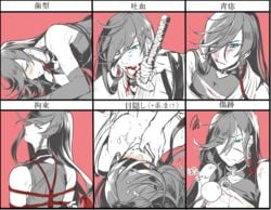 1boy blindfold blood bondage cum endend_(shinia) izuminokami_kanesada japanese_clothes long_hair shibari solo touken_ranbu very_long_hair yaoi