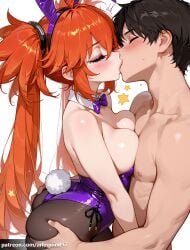 1boy 1girl ai_generated animal_ears arlequin097 ass ass_grab bare_shoulders black_hair black_pantyhose blush bow bowtie breast_press breasts cleavage closed_eyes clothed_female_nude_male detached_collar fake_animal_ears fake_tail french_kiss grabbing_another's_ass groping hair_between_eyes hairband hetero kiss koleda_belobog large_breasts leotard long_hair medium_breasts mihoyo nude orange_hair pantyhose playboy_bunny purple_bow purple_bowtie purple_leotard rabbit_ears rabbit_tail red_hair short_hair side-tie_leotard simple_background star_(symbol) strapless strapless_leotard tail twintails very_long_hair white_background zenless_zone_zero