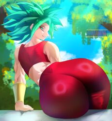 alien_girl ass_bigger_than_head ass_focus big_ass crop_top dragon_ball dragon_ball_super female female_only from_behind green_eyes green_hair hips_wider_than_shoulders huge_ass kefla maraen_lust red_clothing thick_thighs