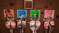 3d 4girls ass big_ass blue_eyes blue_hair commission completely_nude fat_ass female_only glory_wall green_hair hair_ornament hat huge_butt huge_hips meggy_spletzer melony_(smg4) multicolored_hair naked nude orange_hair pink_hair pubic_hair purple_eyes qos qos_tattoo queen_of_spades red_eyes saiko_bichitaru_(smg4) sfm smg4 source_filmmaker tagme tari_(smg4) tattoo_on_butt thick_thighs twintails wall_writing whiteweasel