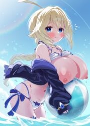 1girl ahoge ball bare_shoulders beachball bikini bikini_top_lift blazblue blonde_hair blue_eyes blue_jacket blue_ribbon blush braid breasts breasts_out clothes_lift collarbone commentary_request es_(xblaze) flying_sweatdrops hair_intakes hair_ribbon highres holding holding_ball holding_beachball huge_ahoge isuka_1 jacket jacket_partially_removed large_breasts looking_at_viewer midriff navel nipples ocean oppai_loli pubic_tattoo rainbow ribbon side-tie_bikini_bottom sleeves_past_wrists smile solo swimsuit tattoo thigh_strap very_long_braid water water_drop wet white_bikini