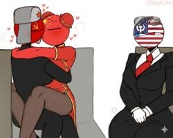 business_suit china_(countryhumans) china_dress chinese_clothes countryhumans countryhumans_girl hearts_around_head kak0yt0_chel_style kiss_on_lips soviet_union_(countryhumans) sunglasses united_states_of_america_(countryhumans) ushanka