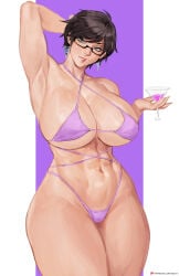 1girl absurdres bayonetta bayonetta_(character) bayonetta_(series) bayonetta_2 bikini blue_eyes breasts brown_hair commentary drink earrings english_commentary glasses highres holding holding_drink jewelry large_breasts more_muscular_than_canon muscular muscular_female navel semi-rimless_eyewear short_hair solo swimsuit tezy8art thighs tomboy toned toned_female under-rim_eyewear