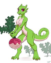 2018 anthro argonian breasts claws curls-her-tail eyelashes female food green_skin horn looking_at_viewer nipples nude pink_claws pink_eyes scalie simple_background skinny smile solo sorcerushorserus standing teeth the_elder_scrolls turnip vegetable video_games white_background