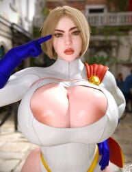 1girls areolae_slip blonde_female blonde_hair blue_gloves breasts cleavage comic_book_character dc_comics female female_only green_eyes human human_only large_breasts leotard light-skinned_female light_skin looking_at_viewer power_girl raised_eyebrows red_cape rude_frog solo white_leotard