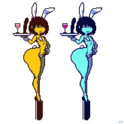 ass big_ass blue_skin brown_hair bunny_ears bunny_tail cyanu deltarune dildo flat_chest high_heels kris_(deltarune) large_ass pasties pixel_art short_hair thick_thighs thighs toby_fox yellow_skin
