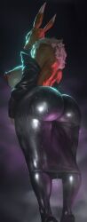 2026 absurd_res anthro armwear bandai_namco big_breasts big_butt black_armwear black_bottomwear black_clothing black_latex black_legwear black_sclera black_skirt blue_eyes bottomwear breasts butt canid clothing digimon digimon_(species) english_text female fur hi_res huge_breasts latex latex_bottomwear latex_clothing latex_legwear latex_skirt legwear mammal momo_fox multicolored_body multicolored_fur neck_tuft nipples pink_nipples renamon skirt solo text thick_thighs tuft two_tone_body two_tone_fur water wet white_body white_fur wide_hips yellow_body yellow_fur