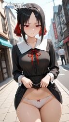 1girls 2026 ai_assisted ai_generated anime black_dress black_hair boobs breasts bust clothes_lift dress dress_lift folded_ponytail hair_ribbon hi_res high_quality high_resolution highres kaguya-sama_wa_kokurasetai_~tensai-tachi_no_renai_zunousen~ panties patreon patreon_username red_eyes red_ribbon ribbon school_uniform shinomiya_kaguya shuuchiin_academy_uniform skypassion stable_diffusion tits underwear watermark white_panties