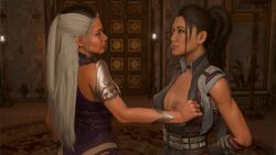 2girls 3d blender breast_out exposing_breasts grey_hair lesbian lesbian_focus li_mei li_mei_(new_era) mature_female milf mortal_kombat mortal_kombat_1_(2023) one_sided_yuri royalty sindel sindel_(new_era) standing_at_attention two-tone_hair undressing_another undressing_partner yuri zandrinya