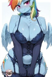 ai_generated bunnygirl lingerie oiled_body oiled_skin rainbow_dash_(mlp) stockings wet_skin