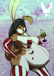 belly big_belly big_breasts breasts clothing female furry hair invalid_tag lagomorph legwear long_hair mammal nutcrackers_(whiterabbit95) pregnant pussy rabbit socks solo whiterabbit95