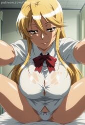 1girl ai_generated bed blonde_hair bow bow_panties bowtie breasts brown_eyes button_gap cameltoe closed_mouth collared_shirt covered_nipples dark-skinned_female dark_skin dress_shirt hair_between_eyes hexogen highschool_of_the_dead indoors large_breasts lips long_hair looking_at_viewer marikawa_shizuka no_pants on_bed outstretched_arms panties patreon_username pov reaching reaching_towards_viewer red_bow red_bowtie school_uniform see-through shirt shizuka_marikawa short_sleeves sidelocks sitting smile solo spread_legs thighs underwear web_address wet wet_clothes wet_shirt white_panties white_shirt yellow_eyes