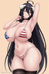 1girl ahoge ai_generated albedo_(overlord) american_flag american_flag_bikini areola_slip arm_up armpits bikini black_choker black_hair black_thighhighs breasts choker closed_mouth collarbone curvy demon_girl demon_horns flag_print hair_between_eyes horns huge_breasts large_areolae long_hair looking_at_viewer micro_bikini navel overlord_(maruyama) simple_background skindentation slit_pupils smile solo stomach swimsuit thick_thighs thighhighs thighs underboob very_long_hair white_horns wide_hips yellow_eyes