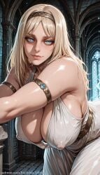 1girl ai_generated armlet ass attack_on_titan backdoorsenpai bare_shoulders bent_over big_ass blonde_hair blue_eyes breast_focus close-up curvy egao eyes_out_of_frame female_focus hairband halterneck hanging_breasts head_out_of_frame large_breasts leaning_forward long_hair naughty_face naugty_eyes perky_breasts plunging_neckline revealing_clothes sideboob sleeveless_dress solo thick_thighs thighs white_dress wide_hips ymir_fritz