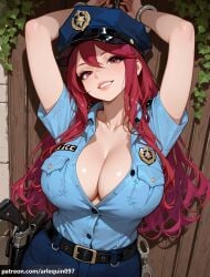 1girl ai_generated arlequin097 arms_up badge baton_(weapon) belt belt_buckle black_belt blue_headwear blue_shirt blue_skirt breasts buckle cleavage collarbone collared_shirt cuffs fire_emblem fire_emblem_engage grin gun hair_between_eyes handcuffs handgun hat holster ivy_(fire_emblem) large_breasts lips long_hair looking_at_viewer nintendo pants parted_lips partially_unbuttoned patreon_username police police_badge police_hat police_uniform policewoman red_eyes red_hair revolver shirt shirt_tucked_in short_sleeves skirt smile solo unbuttoned uniform weapon