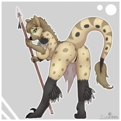 anthro anus ass breasts clothing female hybrid hyena loincloth mammal melee_weapon nipple_piercing nipples piercing polearm pussy solo spear standing tribal weapon xizzdot