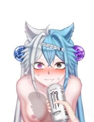 1girls aquwa blush braid breasts can cat_ears energy_drink fang hair_ornament heterochromia hohizora indie_virtual_youtuber kemonomimi monster_(beverage) monster_energy monster_energy_drink multicolored_hair nude nude_female spiral_eyes sweatdrop virtual_youtuber vtuber vtuberfanart