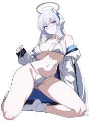 1girl ankle_boots bare_shoulders bikini blue_archive blush boots breasts cleavage closed_mouth commentary full_body halo headgear high_heel_boots high_heels highres jacket kneeling large_breasts long_sleeves looking_at_viewer mechanical_halo navel noa_(blue_archive) off_shoulder open_clothes open_jacket purple_eyes reia_76 simple_background sleeves_past_wrists solo stomach swimsuit thighs untied_bikini_bottom white_background white_bikini white_boots white_hair white_halo white_jacket