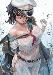 1girl 1girls anchor anchor_hat_ornament anchor_symbol arm_behind_back arms_behind_back artist_name artist_signature belly belly_button belt belt_buckle black_hair blue_eyes blush blush_lines blushing breast_curtains breasts cameltoe cleavage coat coat_on_shoulders collarbone contrapposto cowboy_shot crop_top gloves hand_behind_back hand_up hands_behind_back haruno_(kuromitugozen) hat hips hishaku light_blush looking_at_viewer minamitsu_murasa navel neckerchief neckwear nipple_bulge nipples no_bra no_panties no_underwear off_shoulder sailor_collar sailor_hat sailor_uniform see-through see-through_clothes see-through_clothing see-through_shirt shirt short_hair short_shorts short_sleeves shorts signature soaked soaked_clothes solo solo_female solo_focus stomach thick_thighs thighs tongue tongue_out touhou water water_drop watermark wet wet_clothes wet_skin white_clothing white_shirt wide_hips wide_thighs