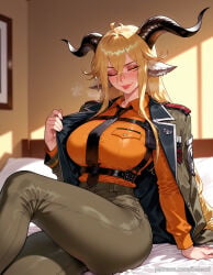 1girl ai_generated animal_ears arknights balecxi black_necktie blonde_hair chest_harness crossed_bangs degenbrecher_(arknights) goat_ears goat_girl goat_horns green_pants hair_between_eyes indoors large_breasts lips long_hair long_sleeves looking_at_viewer military military_jacket military_uniform one_eye_closed open_clothes open_jacket orange_shirt sitting solo tongue tongue_out underbust yellow_eyes