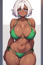ai_generated big_boobs big_thighs bikini curvy curvy_figure dark-skinned_female dark_skin green_bikini mommy original original_character shiny shiny_skin white_eyes white_hair