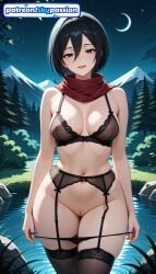 1girls 2026 ai_assisted ai_generated anime attack_on_titan bare_tree beach black_bra boobs bra branch breasts bust city_lights cityscape cloud fireflies garter_belt hi_res high_quality high_resolution highres lingerie mikasa_ackerman moonlight navel night night_sky outdoors panty_pull patreon patreon_username red_scarf scarf shingeki_no_kyojin shore short_hair sky skypassion smile stable_diffusion tanzaku tits twilight underwear vines water watermark