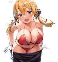 1girls artist_signature belko bikini_top blonde_hair blue_eyes breasts cleavage dated female huge_breasts kantai_collection leaning_forward light-skinned_female light_skin long_hair prinz_eugen_(kantai_collection) simple_background smile thick_thighs third-party_edit twintails uncropped