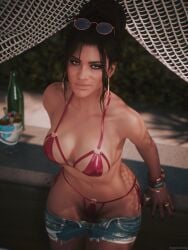 3d bikini bikini_bottom bikini_top brown_hair child_bearing_hips cleavage cyberpunk_2077 dark-skinned_female dark_hair fit fit_body fit_female hourglass_figure hourglass_figured_female jean_shorts jeans lace-trimmed_bra lace-trimmed_panties large_breasts long_hair looking_at_viewer looking_pleasured mexican mexican_female panam_palmer pants_down pants_pulled_down shorts_down slim_waist smiling smiling_at_viewer smirk smirking smirking_at_viewer soapylemming sunglasses sunglasses_on_head swimsuit swimwear tanned tanned_body tanned_female tanned_skin tied_hair video_game_character viewed_from_above voluptuous voluptuous_body voluptuous_female wide_hips