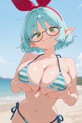 ai_generated big_boobs big_breasts big_tits bikini blue_hair blue_striped_bikini blue_stripes boobs breast_grab breasts elf elf_ears elf_female elf_girl fondling fondling_breast fondling_breasts fondling_own_breast fondling_self grabbing_breasts grabbing_own_breast green_eyes indie_virtual_youtuber keisha_callie large_boobs large_breasts large_tits sexy string_bikini striped_bikini tits titties vtuber