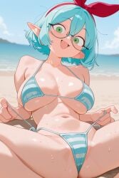 ai_generated big_boobs big_breasts big_tits bikini blue_hair blue_striped_bikini boobs breasts elf elf_ears elf_female elf_girl green_eyes indie_virtual_youtuber keisha_callie large_boobs large_breasts large_tits sexy striped_bikini tits titties vtuber