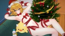 1girls ahoge blonde_hair christmas christmas_tree cyan_eyes dokibird dragoon_(dokibird) head_wings indie_virtual_youtuber looking_at_viewer loshi ribbon_only ribbons santa_hat small_breasts vtuber