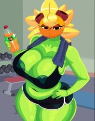 bottle curvy female green_skin gym huge_breasts large_breasts looking_at_viewer moxxy_art plant_girl plant_humanoid plants_vs_zombies plants_vs_zombies:_heroes shorts solar_flare_(pvz) solo sports_bra sunflower_(pvz) sweat thick_thighs towel wide_hips