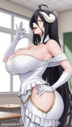 1girl ahoge ai_generated albedo_(overlord) bare_shoulders black_hair breasts classroom cleavage demon_girl demon_horns desk detached_collar dress fellatio_gesture from_side gloves hair_between_eyes hand_on_own_hip hip_vent horns huge_breasts indoors large_breasts long_hair looking_at_viewer off_shoulder open_mouth overlord_(maruyama) slit_pupils smile solo thighs tongue tongue_out upper_teeth_only very_long_hair white_dress white_gloves white_horns window yellow_eyes