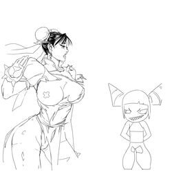 bandage censored chibi chun-li earrings huge_breasts juri_han leggings leotard monochrome pantyhose ripped_clothing sato_d sketch spikes street_fighter torn_pantyhose wrist_cuffs