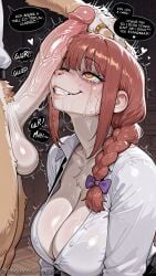 1boy 1girl ai_generated blush bow braid braided_ponytail breasts chainsaw_man cleavage collarbone collared_shirt decurse english_text erection furry furry_male hair_bow hetero large_breasts large_penis long_hair makima_(chainsaw_man) penis penis_awe penis_on_face purple_bow red_hair ringed_eyes shirt smile solo_focus speech_bubble sweat teeth testicles uncensored veins veiny_penis white_shirt yellow_eyes