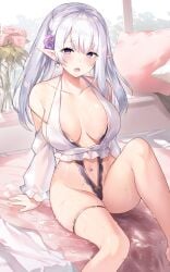 1girls ass breasts cameltoe clothed dress elf elf_ears elf_female elf_girl female female_only gray_hair hair_ornament hair_ribbon highleg highres large_breasts long_hair original pointy_ears robe silver_hair solo solo_female sora_72-iro straight_hair thigh_strap water wet
