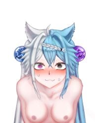 1girls aquwa blush braid breasts cat_ears fang hair_ornament heterochromia hohizora indie_virtual_youtuber kemonomimi multicolored_hair nude nude_female spiral_eyes sweatdrop virtual_youtuber vtuber vtuberfanart
