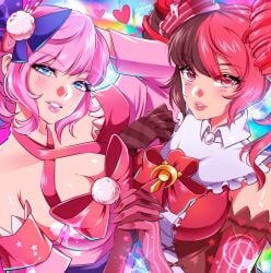 2girls big_breasts blue_eyes breast_press breasts breasts_out brown_eyes cake_hair_ornament cleavage commentary dress english_commentary female holding_hands japanese_clothes large_breasts lolita_fashion long_hair looking_at_viewer luna_snow luna_snow_(cherry_delight) luna_snow_(marvel_rivals) marvel marvel_rivals multicolored_eyes multicolored_hair official_alternate_costume pink_dress pink_eyes pink_hair psylocke psylocke_(sai) psylocke_(sai)_(daring_daifuku) red_dress short_hair sweet_lolita twintails