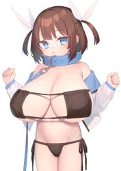 1girl absurdres bikini blue_eyes breasts brown_hair cleavage collar commentary_request cowboy_shot eyepatch_bikini hair_ribbon highres hsuliherng huge_breasts jacket looking_at_viewer narrow_hips navel original ribbon simple_background solo swimsuit twintails two_side_up white_background