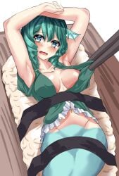 1girl 1girls armpit_fetish armpits arms_up belly belly_button big_breasts blue_eyes blue_green_hair blue_hair blush blush_lines blushing breasts breasts_apart chopsticks cleavage collarbone drill_hair drill_sidelocks ear_fins fins fish_tail food frilled_dress frills green_clothing green_hair hands_above_head head_fin kaeranu_kaeru kimono large_breasts laying_down laying_on_back light_blush looking_at_viewer lying lying_down lying_on_back merfolk mermaid navel no_bra no_panties pulling_clothing scared scared_expression sidelocks sleeveless solo solo_female solo_focus stomach sushi tear tearing_up tears tied_up touhou wakasagihime