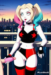 1boy 1boy1girl 1girls ai_generated artist_name ass_visible_through_thighs black_gloves blonde_hair blue_eyes blue_hair breasts choker cleavage clothed_female_nude_male clothing_aside condom condom_in_mouth condom_on_penis crop_top cum dc dc_comics eyeshadow female fingerless_gloves gloved_handjob gloves gradient_hair handjob harley_quinn harley_quinn_(series) hetero hi_res lips lipstick lustboxai makeup midriff mouth_hold multicolored_hair navel outdoors pale_skin penis pink_hair pussy railing red_lips shorts solo_focus tank_top testicles thigh_gap thighhighs twintails uncensored used_condom