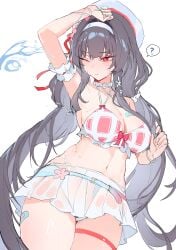 1girls beach black_hair chisa_(wuthering_waves) female female_only long_hair medium_breasts official_alternate_costume pink_swimsuit red_eyes see-through_clothing see-through_swimsuit swimsuit wet_body wuthering_waves