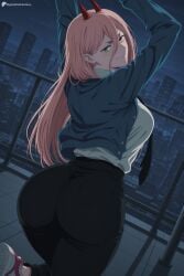 1girl ai_generated arms_up ass black_necktie black_pants blue_jacket breasts chainsaw_man city cityscape collared_shirt cross-shaped_pupils demon_horns digitalwaifugallery from_behind hair_between_eyes hi_res high_quality high_resolution horns huge_ass jacket large_breasts long_hair looking_at_viewer looking_back necktie night pants patreon patreon_logo patreon_username pink_hair power_(chainsaw_man) red_horns seductive sexy shirt shoes sky smile solo symbol-shaped_pupils uncensored watermark white_shirt yellow_eyes